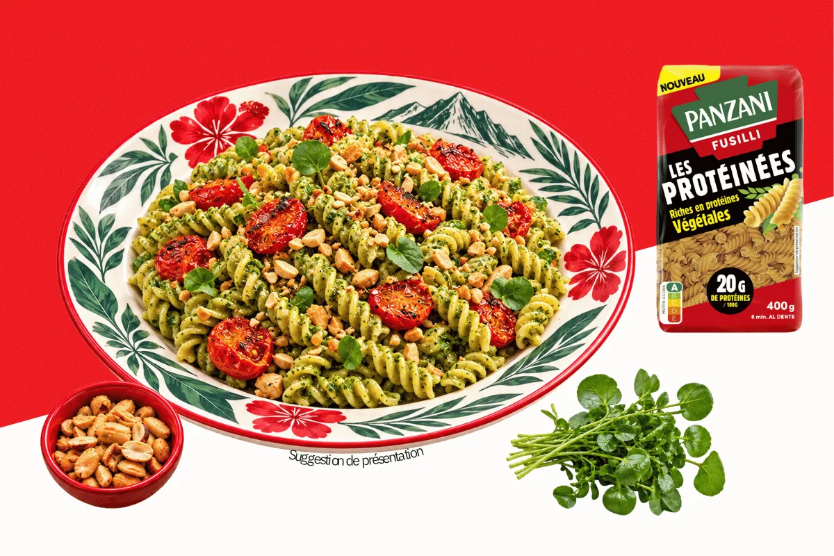 Fusilli au pesto de cresson péi, cacahuètes et tomates rôties