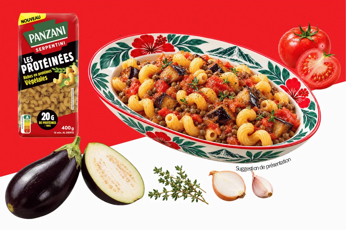 Serpentini aux lentilles de Cilaos, bringelles et tomates